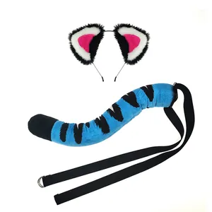 Blue tiger ears headband and long tiger tail costume set for cosplay and festivals