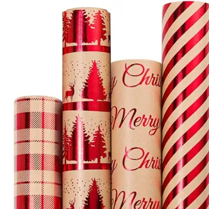 Large Retro Kraft Christmas Gift Wrapping Paper Roll Red Gold Hot Stamping Elk Tree Pattern Premium Holiday Decor Wrapping Paper