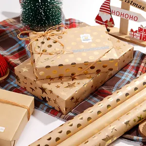 Christmas Gift Wrapping Paper Roll Eco Friendly Kraft Paper Gold Foil Stamping Star Dot Design For Birthday Holiday Present Decor