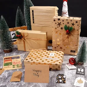 Christmas kraft gift wrapping paper set with gold foil star and dot patterns for gifts