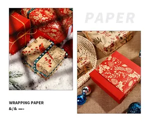 Detailed display of vintage kraft and red festive Christmas gift wrapping paper patterns