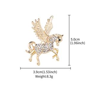 Detail view of rhinestone Pegasus brooch showing 5.0cm height and 8.3g weight dimensions