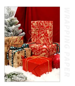 Selection of festive Christmas wrapping paper in red and vintage kraft with holiday patterns