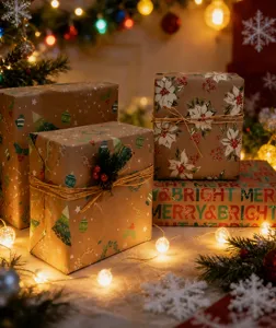 Detailed view of gift boxes wrapped in vintage Christmas Kraft paper under warm festive lights