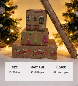 Retro Christmas kraft wrapping paper 43x300cm with festive house and tree patterns