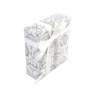 Papier cadeau de Noël à colorier DIY avec ruban blanc élégant pour emballage de boîte
