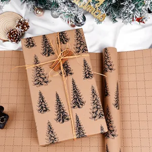 Retro Christmas Kraft Wrapping Paper Roll Reindeer Snowflake Christmas Tree Pine Cone Patterns DIY Xmas Gift Craft Paper