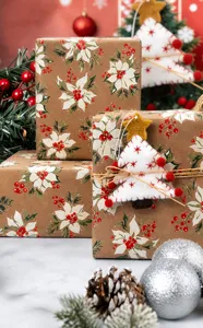 Vintage Christmas kraft wrapping paper with floral berry patterns for gift packaging