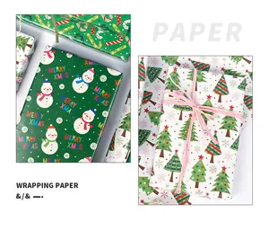 Christmas wrapping paper details featuring snowman and tree patterns for holiday gifts