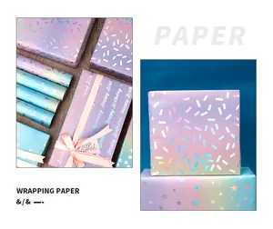 Detailaufnahme von holografischem Geschenkpapier mit Stern- und Streifenmustern im Farbverlauf