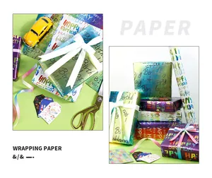 Detaillierte Ansicht des farbenfrohen, metallisierten Happy Birthday Geschenkpapier-Sets