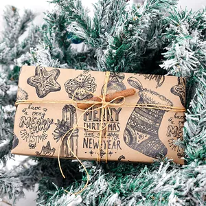 Vintage kraft Christmas wrapping paper featuring hand-drawn festive patterns and rustic twine
