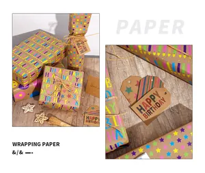 Close-up of eco-friendly kraft gift wrapping paper with colorful birthday patterns and tags