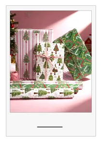 Christmas wrapping paper featuring tree and candy cane patterns in a festive gift scene