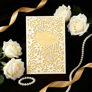 Elegant French laser-cut wedding invitation card with gold Happy Wedding Day text