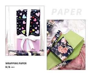 Collage met verschillende stijlen romantisch inpakpapier met bloemen- en hartpatronen.