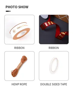 Dettaglio di accessori per imballaggio natalizio, nastro, corda di canapa e nastro.