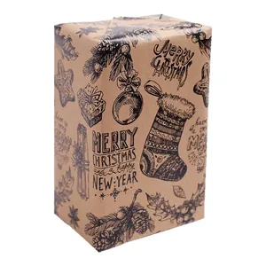 Vintage Christmas kraft wrapping paper with festive illustrations and greetings