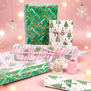 Christmas Gift Wrapping Paper Roll Snowman Christmas Tree Candy Cane Stripes Pattern Festive Gift Wrap For Holiday Party Home Decoration