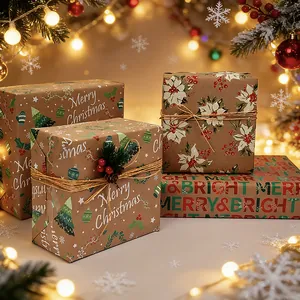 Carta da Regalo di Natale Vintage Rotolo di Carta Kraft per Confezioni Regalo Motivo Albero di Natale Stella di Natale Fiocco di Neve Articoli per Feste