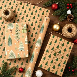 Papel de Regalo de Navidad de Doble Cara Kraft Patrón Vintage de Renno Árbol Camión Rollo de Papel de Regalo Festivo