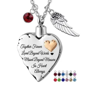 Stainless Steel Heart Memorial Cremation Urn Necklace For Ashes With Rhinestone Birthstone Angel Wing Pendant Family Jewelry