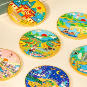 Detailed view of colorful metal commemorative coins featuring Guilin city landmarks