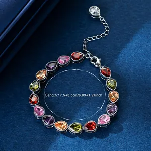 Top view of a multicolored teardrop zircon bracelet showing detailed length dimensions.
