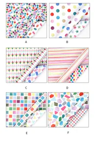 Assorted colorful geometric gift wrapping paper set showing six different patterns