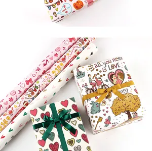 Detail view of Valentine's Day wrapping paper with romantic heart and couple illustrations.
