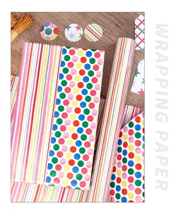 Detailed view of colorful polka dot and striped pattern premium gift wrapping paper