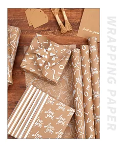 Close-up detail of Valentine's Day brown kraft wrapping paper with white heart patterns