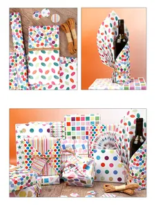 Assortment of colorful geometric pattern wrapping paper shown on various gifts and bottles