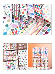 Macro detail of various colorful geometric patterns on premium DIY gift wrapping paper sheets