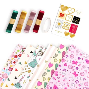 Romantic Valentine's Day gift wrapping paper set with ribbons and heart stickers