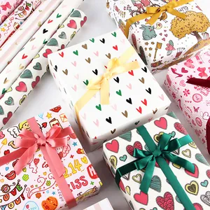 Valentine's Day gift wrapping paper set with colorful heart and cartoon patterns