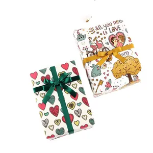 Valentine's Day gift wrapping paper with hearts and cartoon couple designs