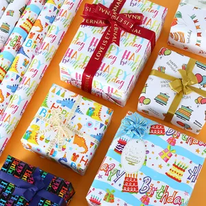 Happy Birthday Inpakpapier Cartoon Dinosauriër Taart Patroon Dubbelzijdig Gecoat Papier Cadeauverpakking Voor Feest Kinderen Vakantie