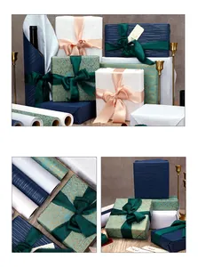 Detailed view of luxury textured gift wrapping paper in deep blue and teal gold