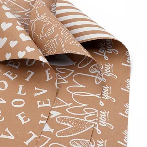 Valentine's Day brown kraft wrapping paper with white heart and rose patterns