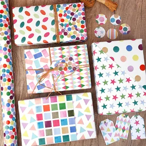 Colorful geometric pattern gift wrapping paper set with dots, stars and triangles