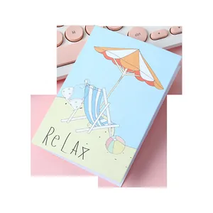 Cute folding greeting card featuring a beach illustration and 'Relax' text in pastel style