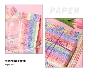 Detailed view of gift boxes and bags wrapped in vibrant rainbow striped gift wrap paper