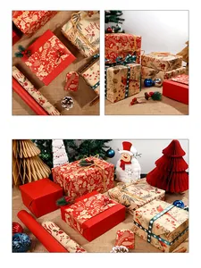 Festive Christmas gift wrap rolls in red and vintage kraft paper with holiday ornaments.