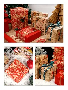 Detailed view of gifts wrapped in vintage red and kraft Christmas paper with festive motifs.