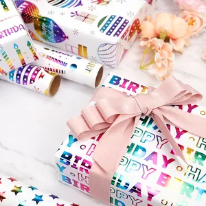 Regenbogen-Folien-Geschenkpapier Happy Birthday mit Kerzen- und Ballonmustern