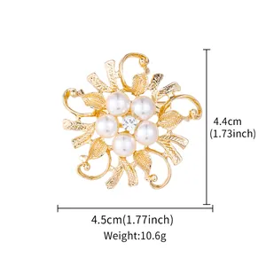Detailed view showing the exact dimensions and weight of the floral pearl and rhinestone brooch.