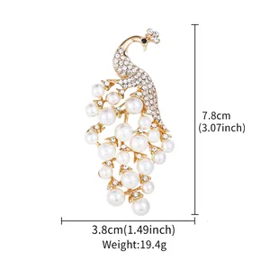 Detailed view of elegant pearl and crystal peacock brooch with size and weight specs