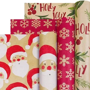 Eco-friendly vintage Christmas kraft gift wrapping paper featuring Santa and snowflake patterns