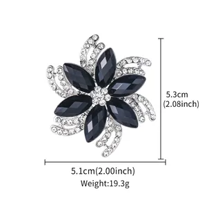 Detailed view of black rhinestone flower brooch with size and weight parameters